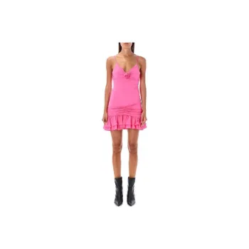 Blumarine Rose-Detailed Ruffled Slip Mini Dress