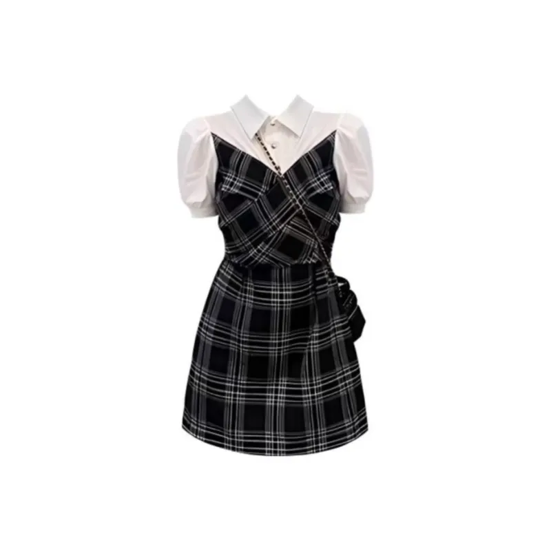 SKYA Short Sleeved Dress Women's Black Plaid-0