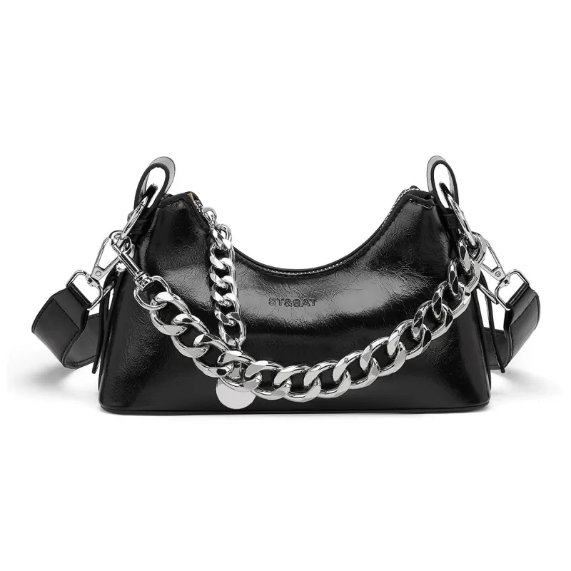 ST&SAT Synthetic Leather Underarm Shoulder Bag Women's Black/Silver-0