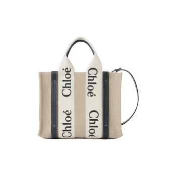 Chloe Woody Linen Tote Bag, Shopping Bag, Shoulder Bag, Handbag Small Size Women's White & Blue