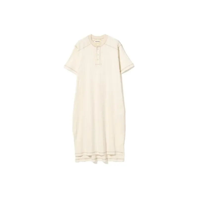 Beams Ribbed Henley Neck Short Sleeve Dress Short Sleeved Dresses Women's-0