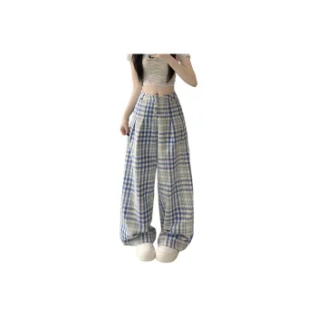 Flowers In Water Casual Pants Women's Blue White Plaid