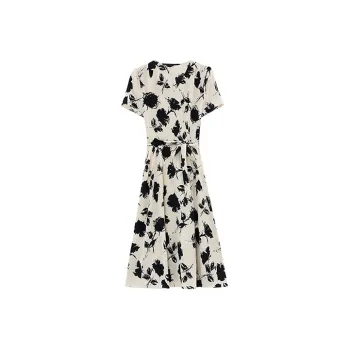 HUASJ Short-Sleeved Dresses Women's Apricot Base With Black Flowers