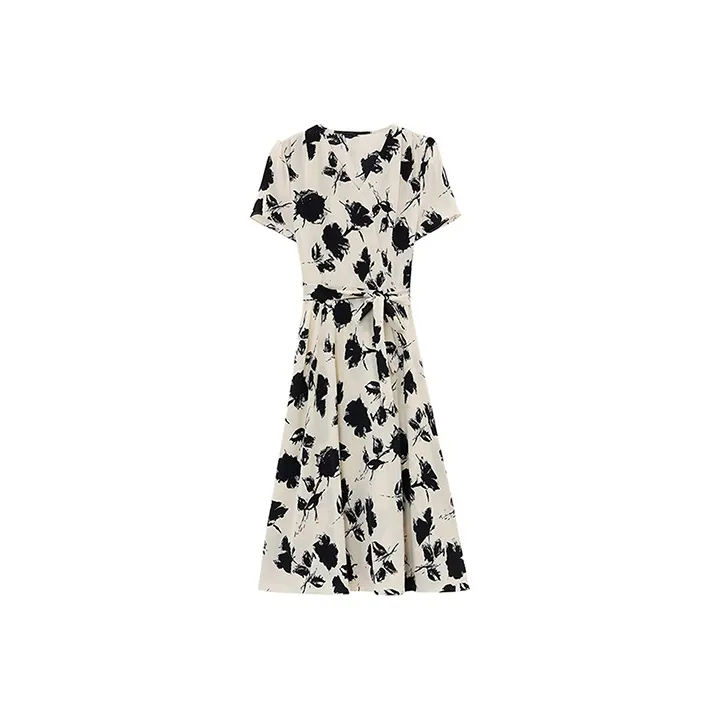 HUASJ Short Sleeved Dresses Women's Apricot Base With Black Flowers-0