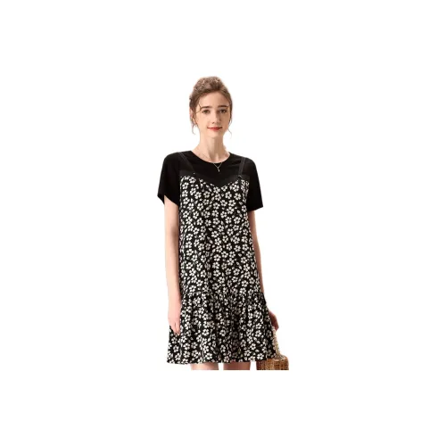 FENHONGMALI Short Sleeved Dress Women's Black Floral