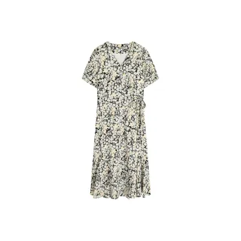 HDFULERN Short Sleeved Dresses Women's Black Background With Flowers