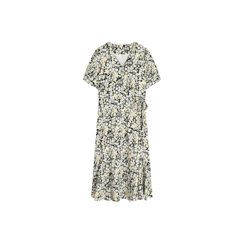 HDFULERN Short-Sleeved Dresses Women's Black Background With Flowers-0