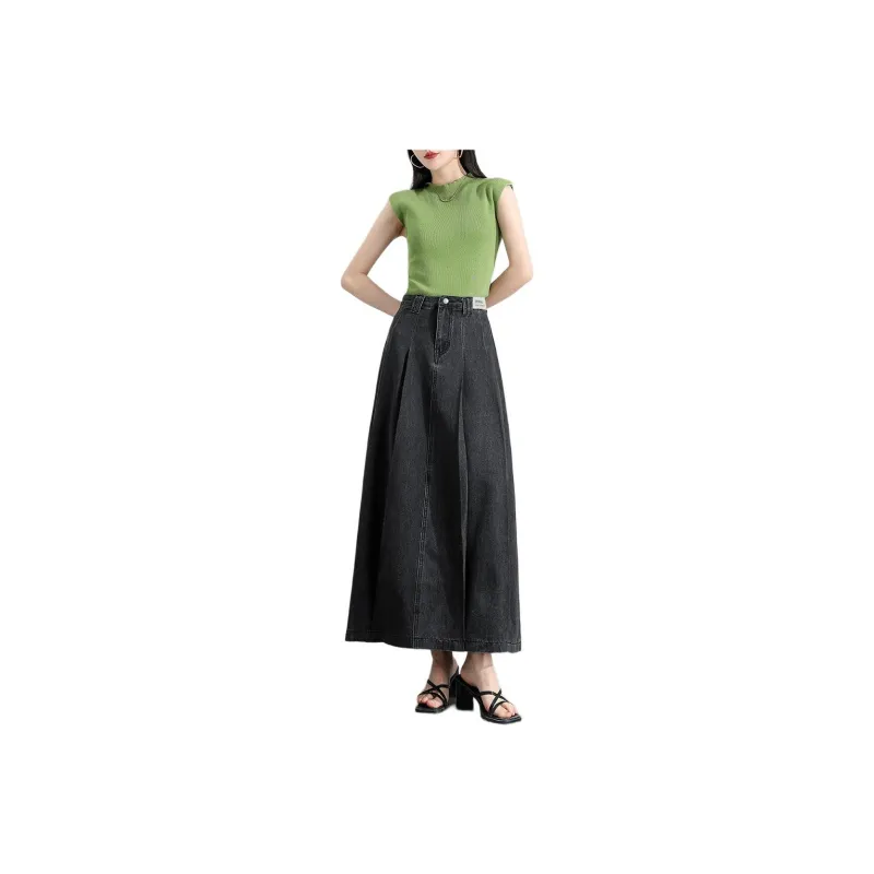 Silly Denim Long Skirt Women's Black Gray-0