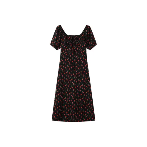 LOUISY AO Short Sleeved Dress Women's Black With Red Floral