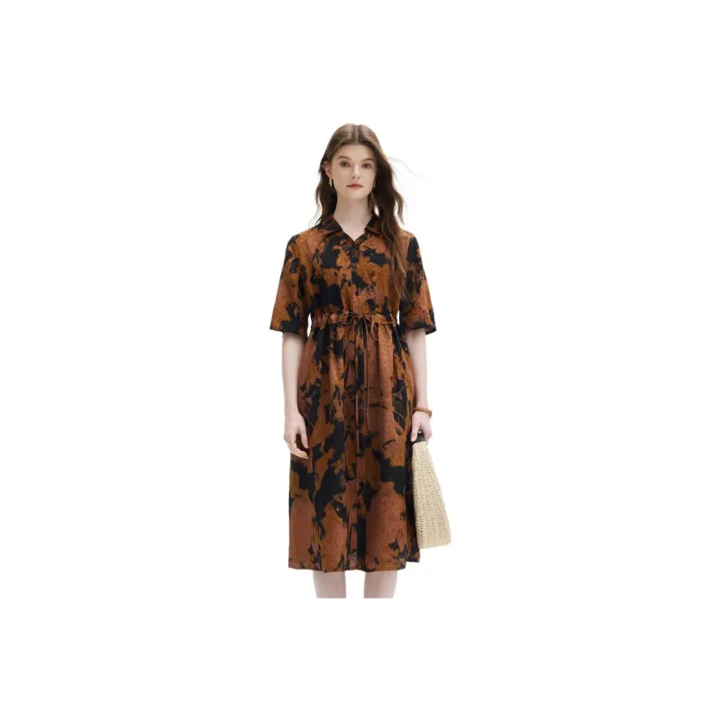 PALUOPO Short-Sleeved Dresses Women's Yellow Coffee Clip Flower-0