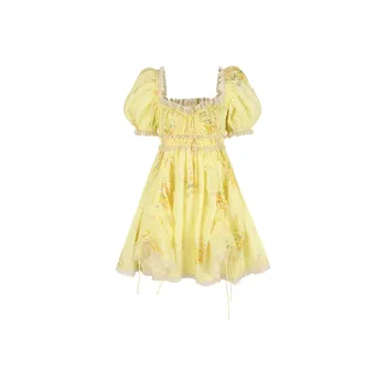 Selkie Collection x Bridgerton FW24 Short Sleeved Dresses Women's Yellow Base Touch Me Not Floral Print