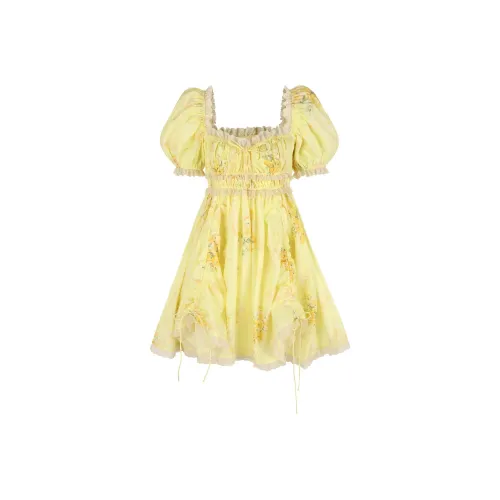 Selkie Collection x Bridgerton FW24 Short Sleeved Dresses Women's Yellow Base Touch Me Not Floral Print