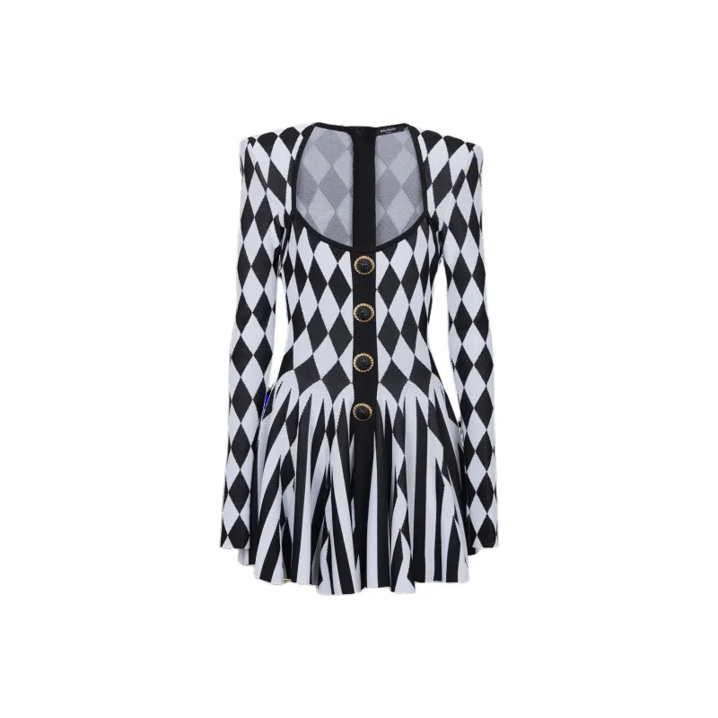 BALMAIN Diamond intarsia Knitted Mini Dress-0
