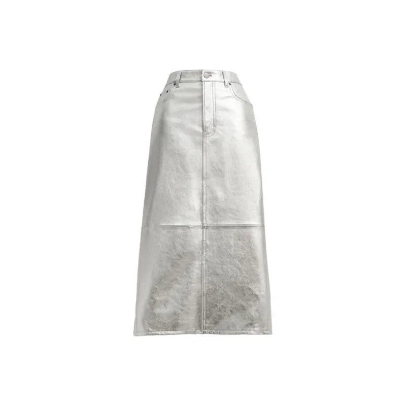 COACH Leather Long Skirt Women's Silver-0