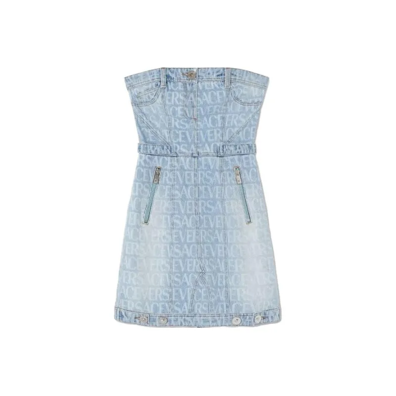 VERSACE All Over Denim Mini Dress 'Light Blue'-0