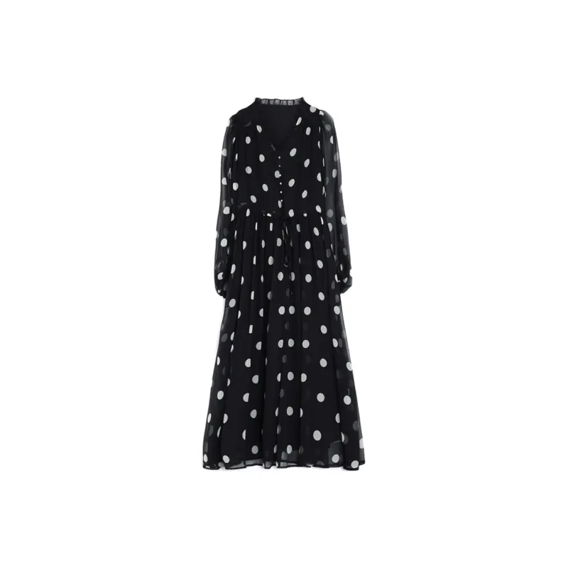 Wbwq Long Sleeved Dress Women's Black With Dot-0