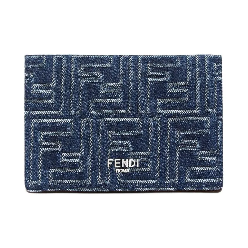 FENDI FF Denim With Leather Card Holder Unisex Blue-0