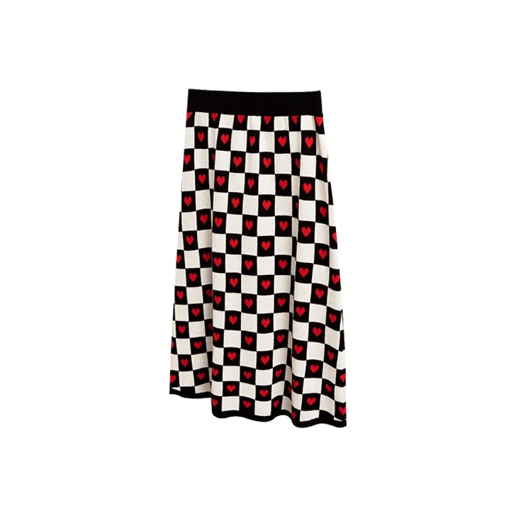 Olrain Knit Long Skirts Women's Checkerboard-0