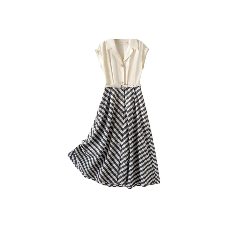 IHIMI Sleeveless Dresses Women's Beige+Checkered Plaid-1