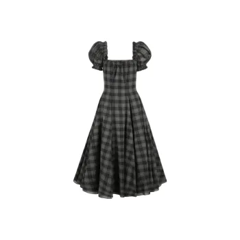 Selkie Collection FW24 Short Sleeved Dresses Women's Gray White Interlocking Plaid Print