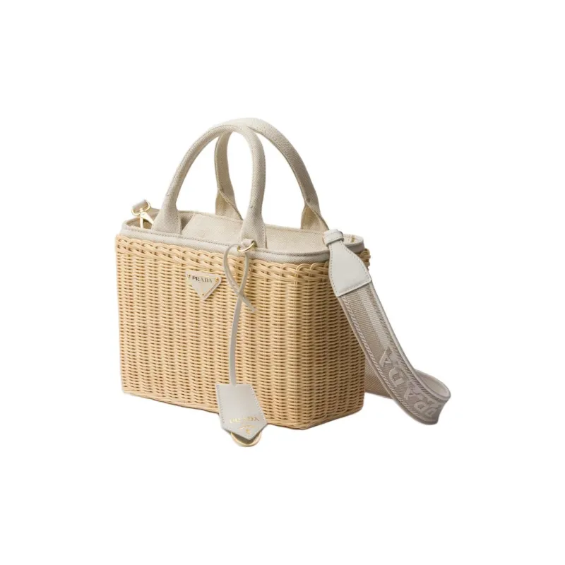 PRADA Wicker Handbag Medium Size Women's Tan & White-1