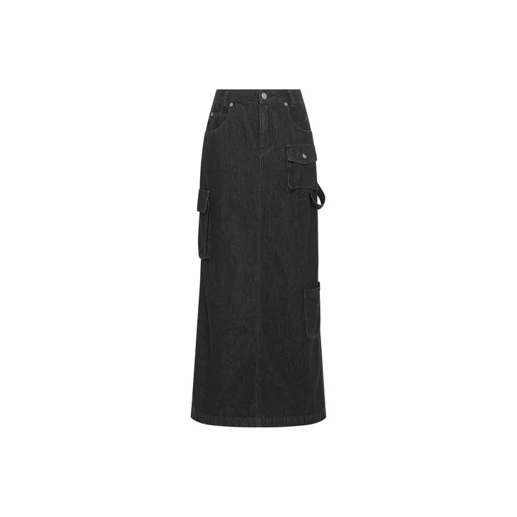 MEIYANG Denim Long Skirt Women's Black Gray-0