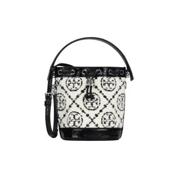 TORY BURCH T Monogram Fabric With Leather Bucket Bag, Handbag, Shoulder Bag, Crossbody Bag Mini Women's Black