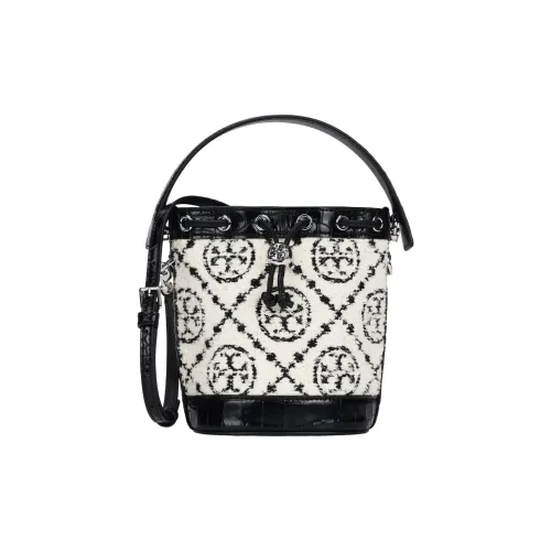 TORY BURCH T Monogram Fabric With Leather Bucket Bag, Handbag, Shoulder Bag, Crossbody Bag Mini Women's Black