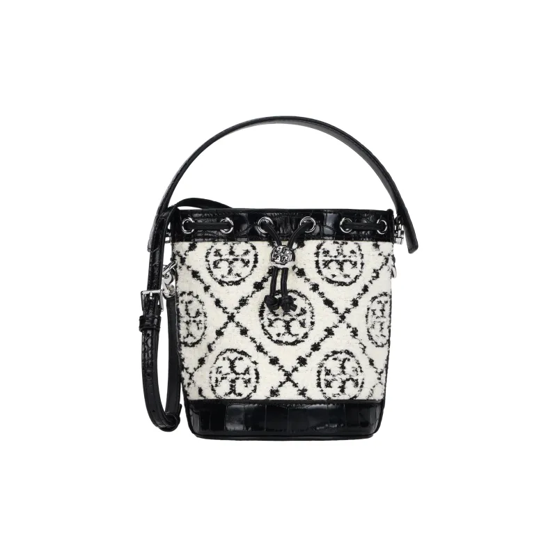 TORY BURCH T Monogram Fabric With Leather Bucket Bag, Handbag, Shoulder Bag, Crossbody Bag Mini Women's Black-0