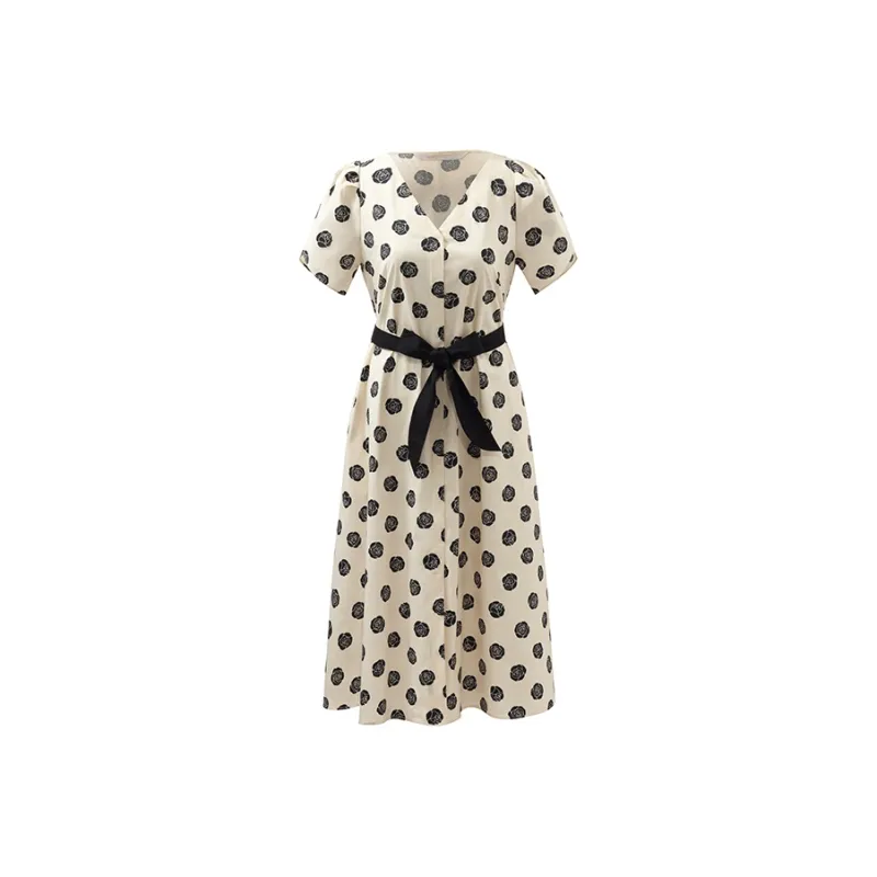 GOELIA Short Sleeved Dress Women's Ecru Base With Black Rose Print-0