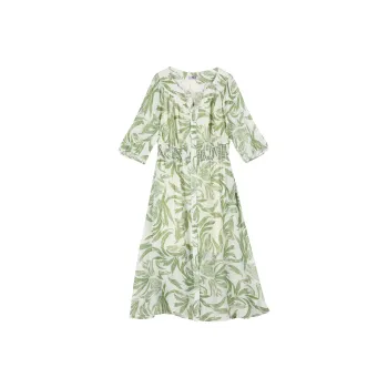 TOUCH Short Sleeved Dress Women's Beige Base With Green Leaves
