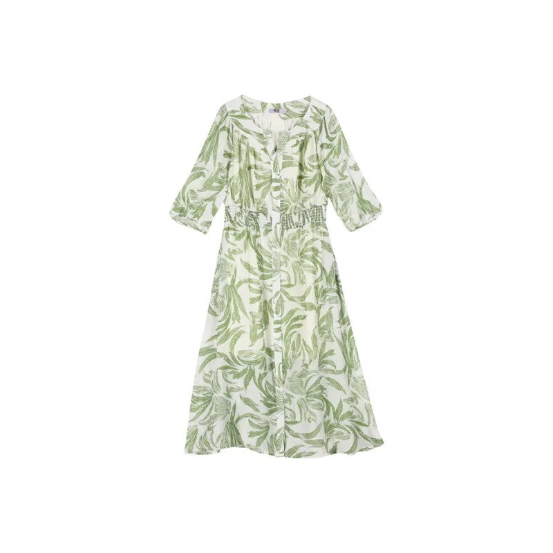 TOUCH Short Sleeved Dress Women's Beige With Green Leaf Print-0