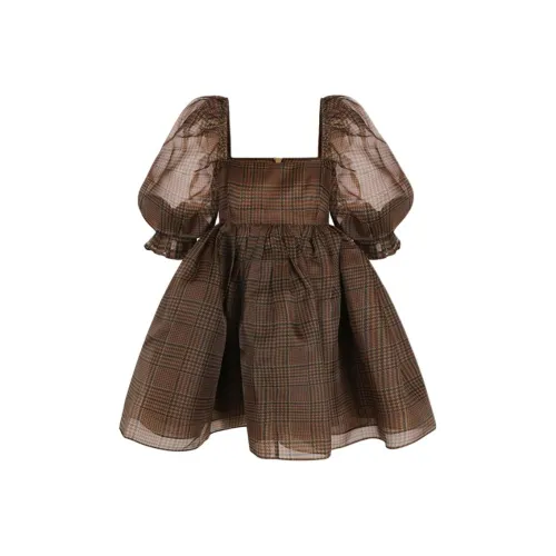 Selkie Collection FW24 Short Sleeved Dresses Women's Solid Yellow Base With Houndstooth Plaid Print