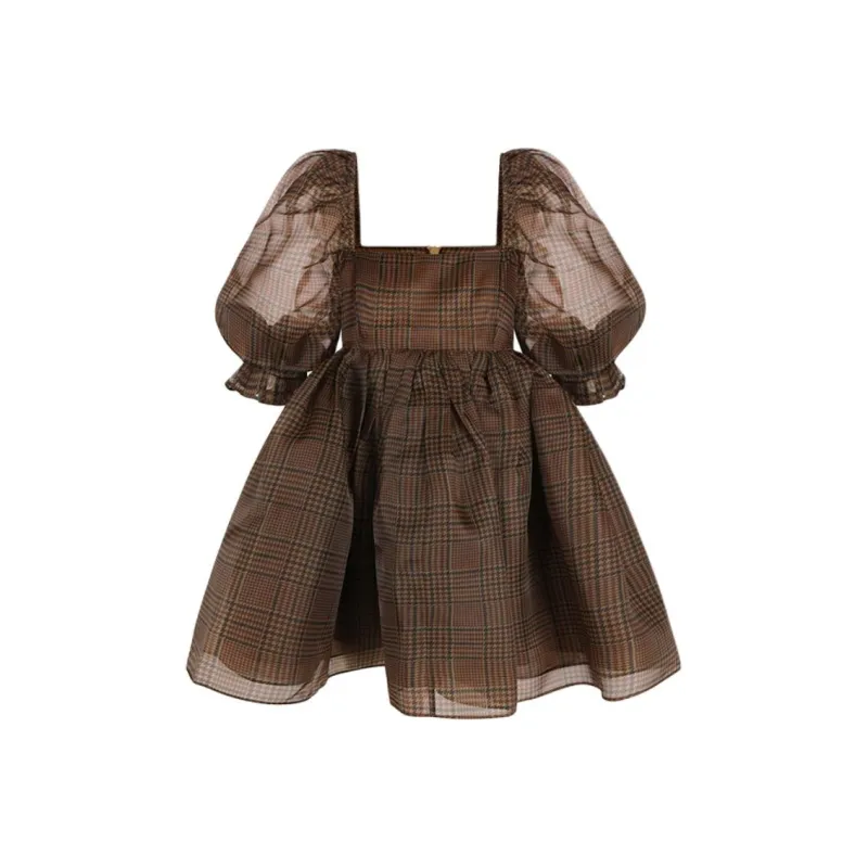 Selkie Collection FW24 Short Sleeved Dresses Women's Solid Yellow Base With Houndstooth Plaid Print-0