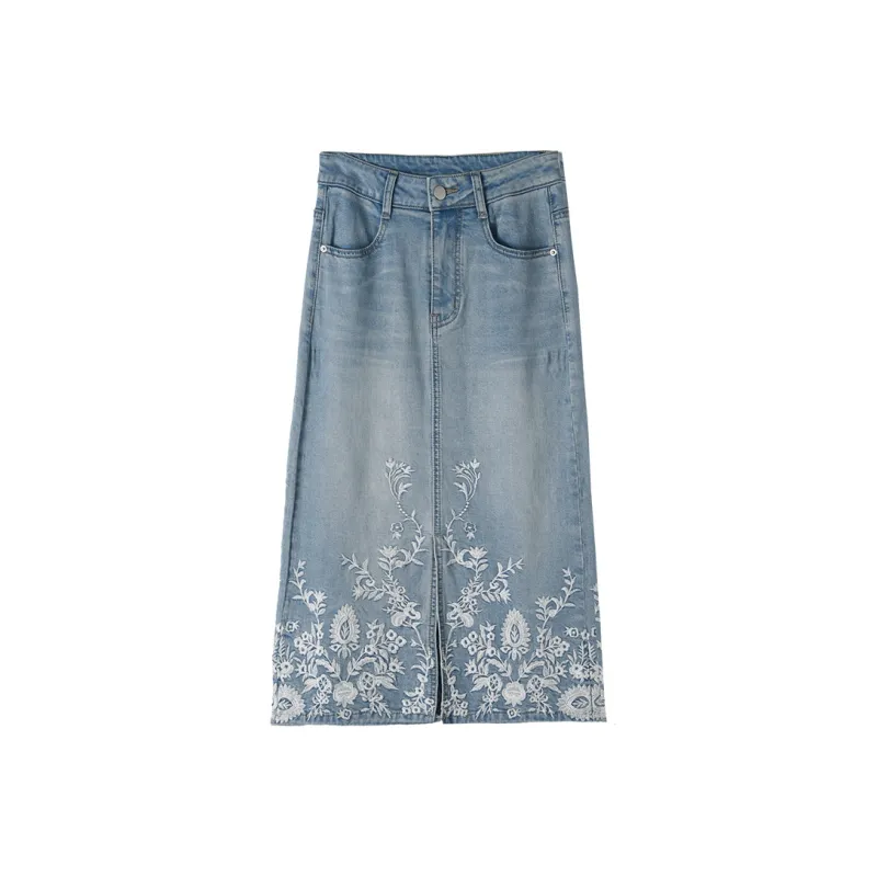HIPPIEMISS Denim Long Skirts Women's Light Blue-0