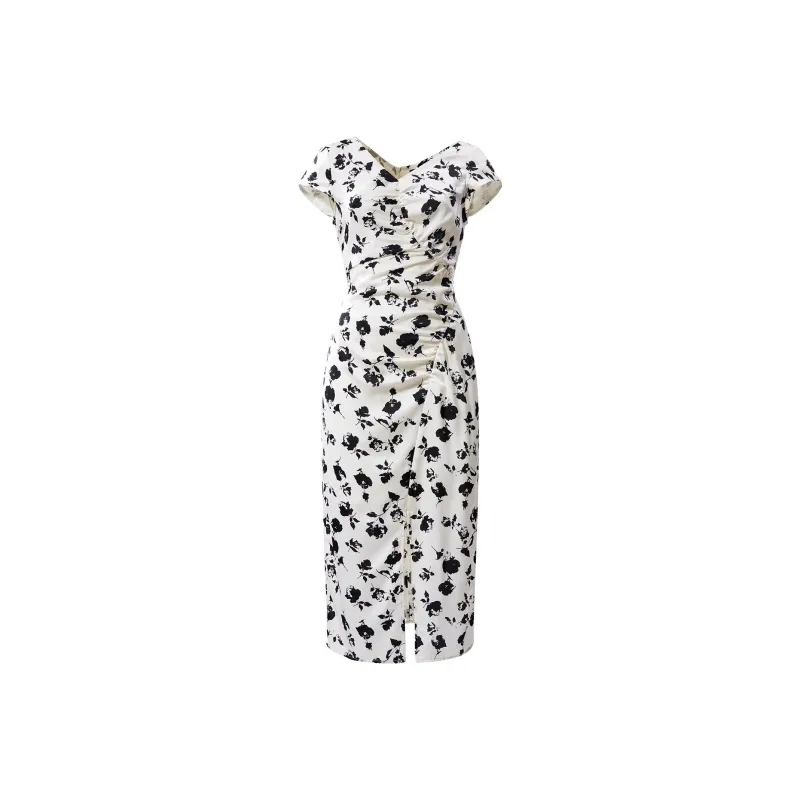 AUI Short-Sleeved Dresses Women's Apricot Base With Black Flowers-0
