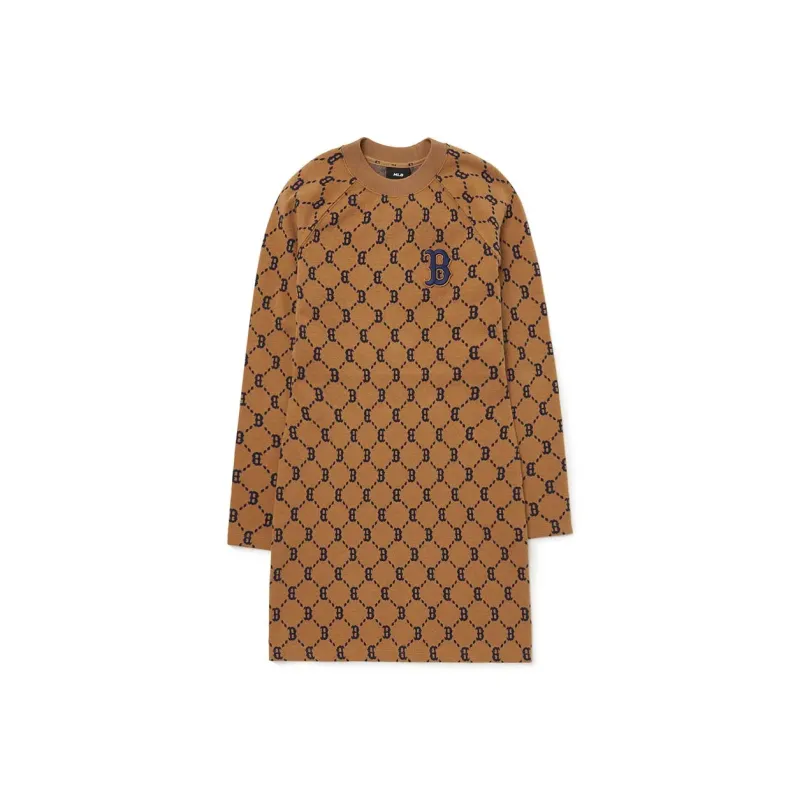 MLB Old Flower Long Sleeved Dresses Women's Khaki-0