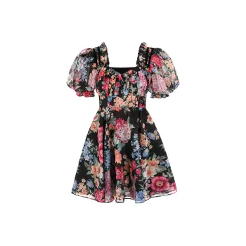 Selkie Collection SS24 Short-Sleeved Dresses Women's Black Background Vibrant Garden Print