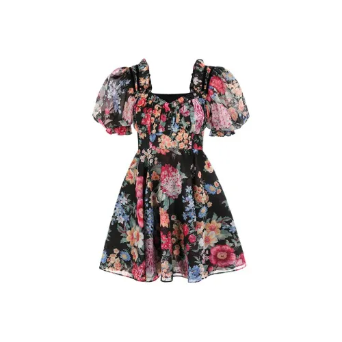 Selkie Collection SS24 Short-Sleeved Dresses Women's Black Background Vibrant Garden Print