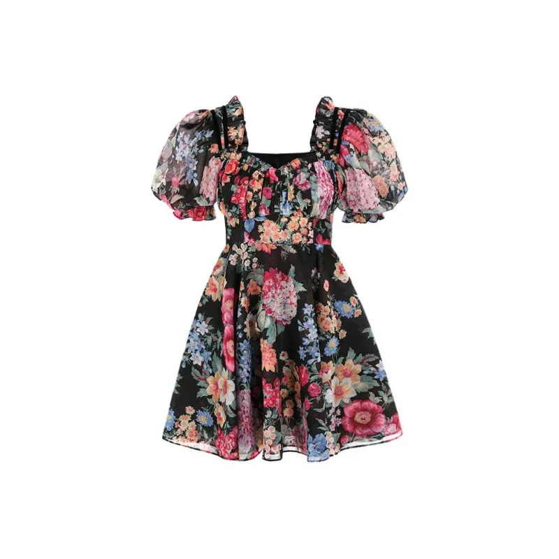Selkie Collection SS24 Short-Sleeved Dresses Women's Black Background Vibrant Garden Print-0