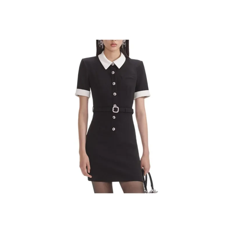 Self-portrait Short-Sleeved Dresses Women's Black White Color Blocking-0