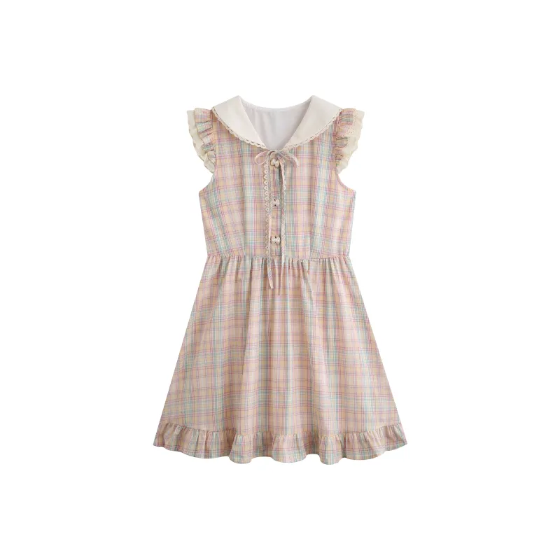 Adeworn Short Sleeved Dress Women's Pink Plaid-0