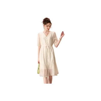 FENHONGMALI Short Sleeved Dresses Women's Apricot