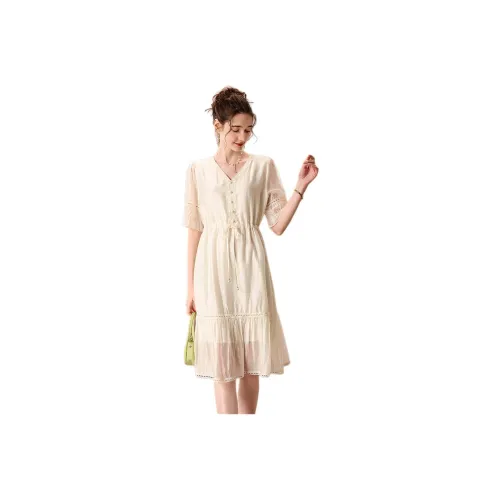 FENHONGMALI Short-Sleeved Dresses Women's Apricot