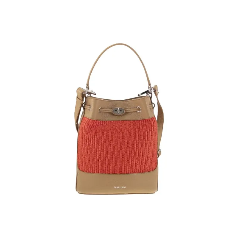 Zanellato Raffia With Leather Bucket Bag, One Shoulder Handbag Trumpets Women's Red & Brown-0