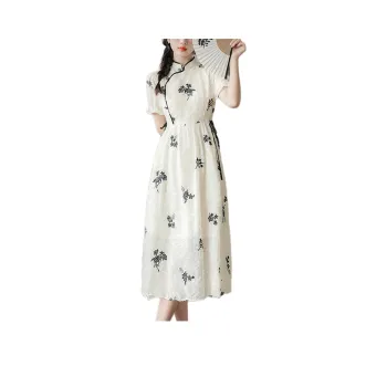 Wbwq Short Sleeved Dress Women's White With Black Floral