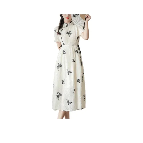 Wbwq Short-Sleeved Dresses Women's White Base Black Floral
