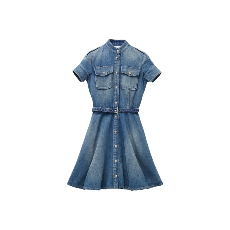 Alexander McQueen Short Sleeve Shirt Denim Mini Dress-0