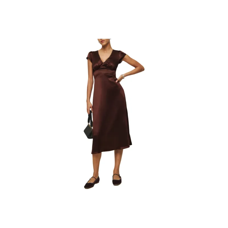 REFORMATION Cassie Silk Dress Short-Sleeved Dresses Women's Mahogany-0