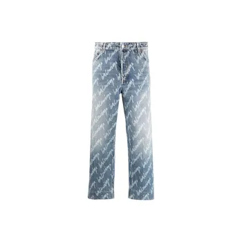 Balenciaga Women'ss All Over Logo Cropped Denim Trousers Indigo/White